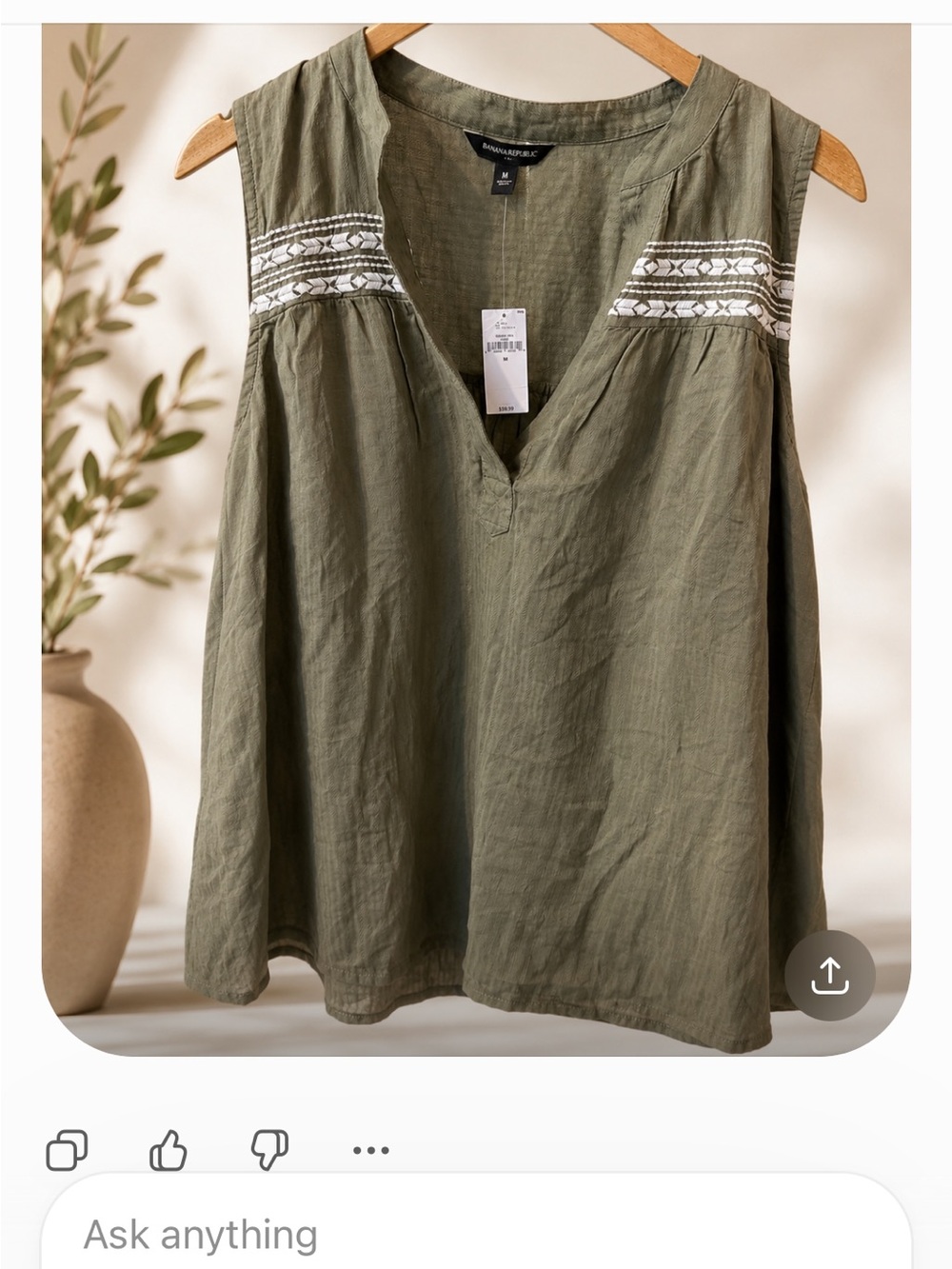 Banana Republic Olive Green Embroidered Sleeveless V-Neck Tank
